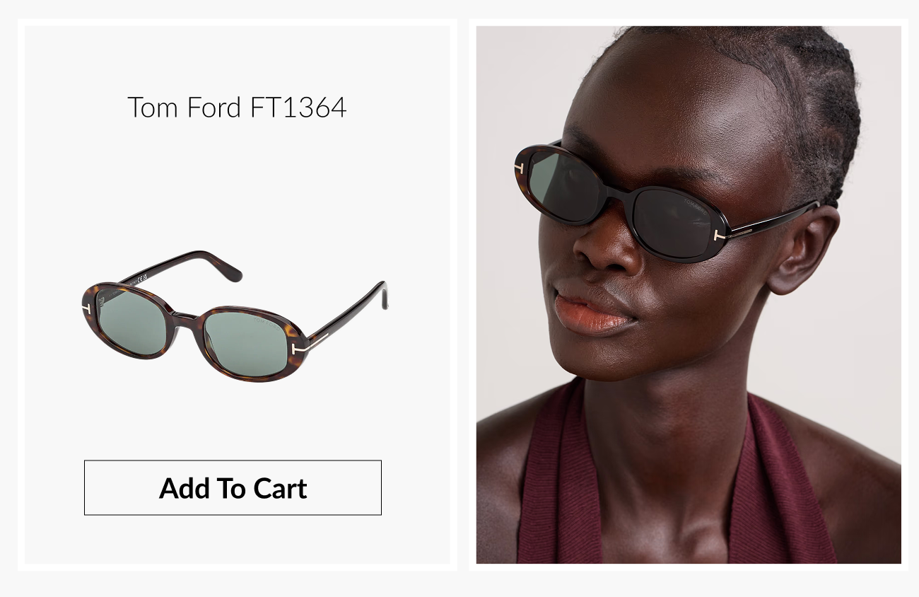 Product image of Tom Ford FT1364 sunglasses featuring an oval tortoiseshell frame with dark lenses beside a model wearing the sunglasses.