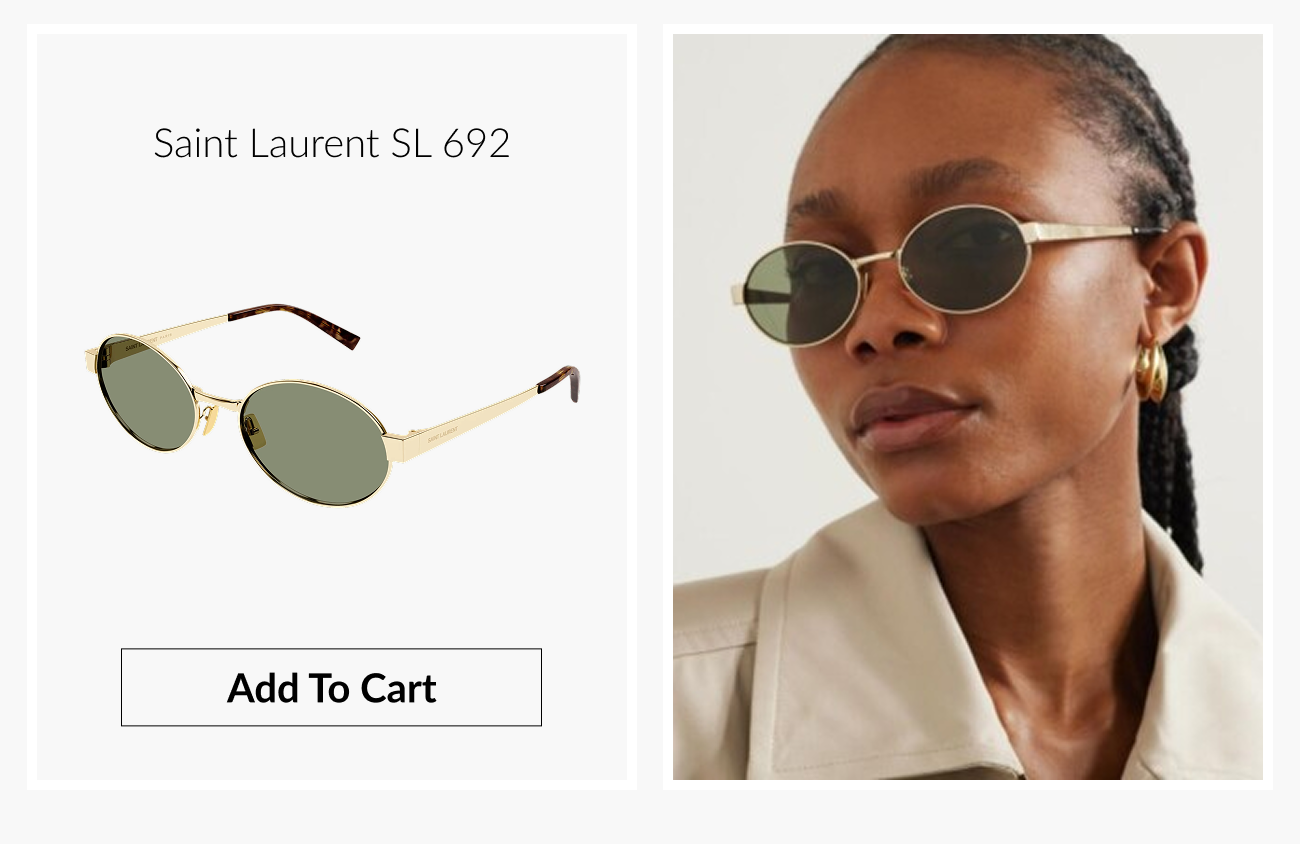 Product image of Saint Laurent SL 692 oval sunglasses with gold metal frames and “Add To Cart” button