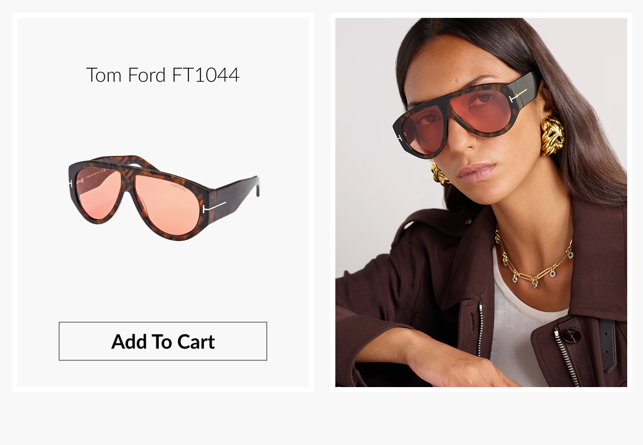 Product image of the Tom Ford FT1044 sunglasses featuring oversized tortoise frames with warm gradient lenses and signature gold accents.