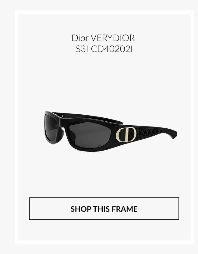 Product image of Dior VERYDIOR S3I CD40202I black sunglasses with gold CD logo accents and “Shop This Frame” button.