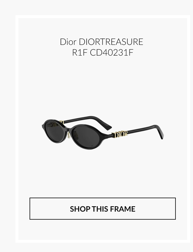 Product image of Dior DIORTREASURE R1F CD40231F oval black sunglasses with gold Dior detailing and “Shop This Frame” button.