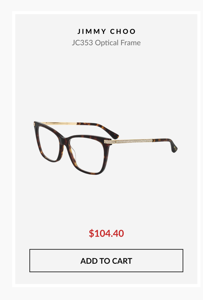 Product image of Jimmy Choo JC353 optical frames in tortoiseshell with gold detailing priced at $104.40 and an add-to-cart button.
