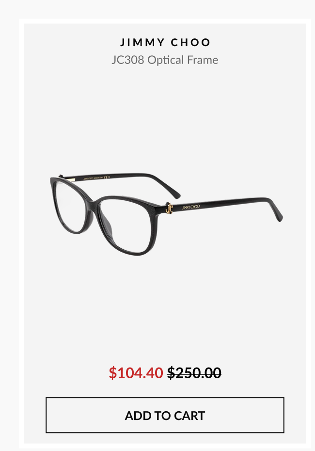 Product image of Jimmy Choo JC308 optical frames in black and gold priced at $104.40 with an add-to-cart button.