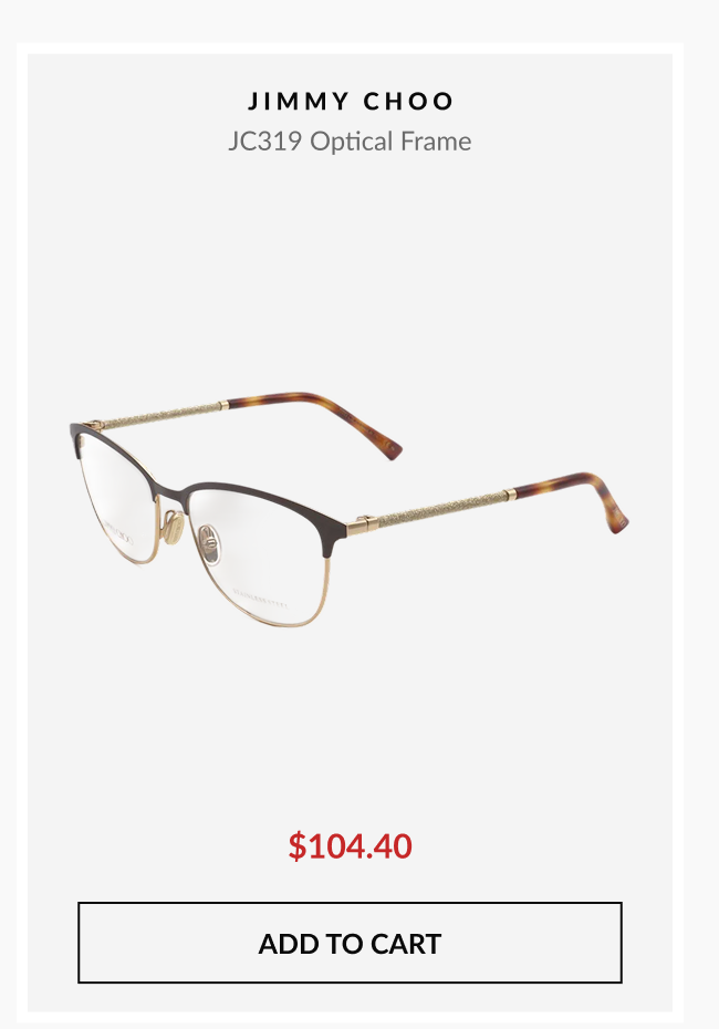 Product image of Jimmy Choo JC319 optical frames with gold-tone detailing priced at $104.40 with an add-to-cart button.