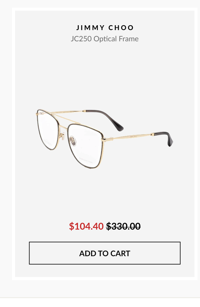 Product image of Jimmy Choo JC250 optical frames in a gold finish priced at $104.40 with an add-to-cart button.