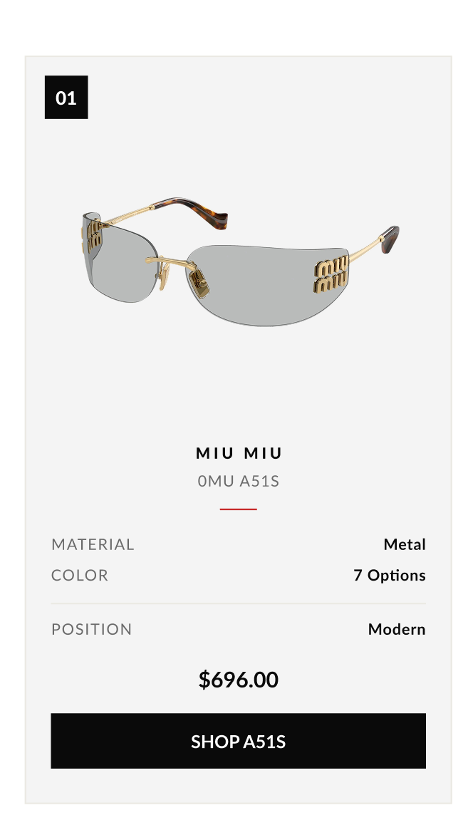 Product feature graphic showcasing Miu Miu 0MU A51S rectangle sunglasses in metal with seven color options.