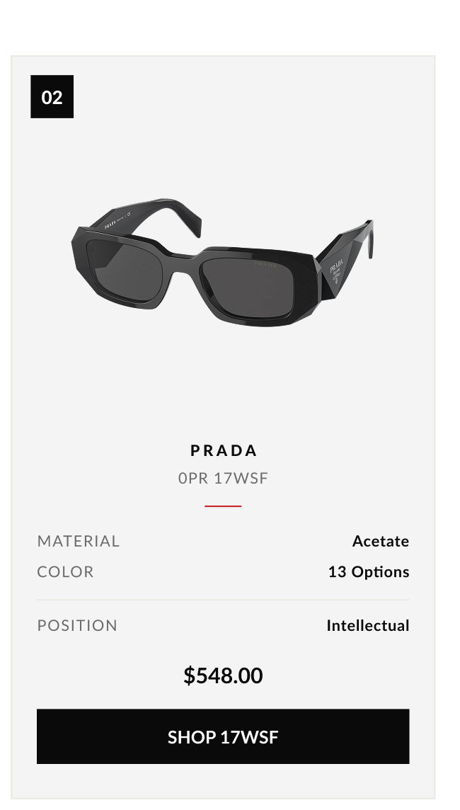 Product feature graphic showcasing Prada 0PR 17WSF rectangle sunglasses in acetate with thirteen color options.