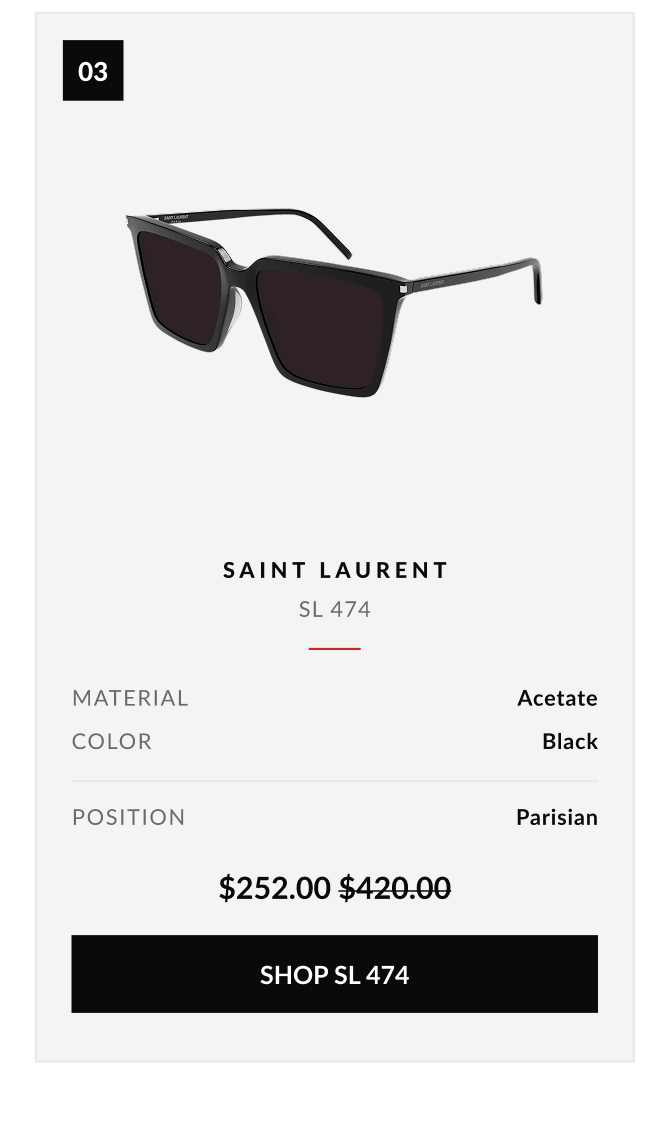 Product feature graphic showcasing Saint Laurent SL 474 rectangle sunglasses in black acetate with Parisian-inspired styling.