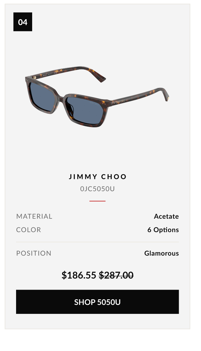 Product feature graphic showcasing Jimmy Choo 0JC5050U rectangle sunglasses in acetate with six color options.