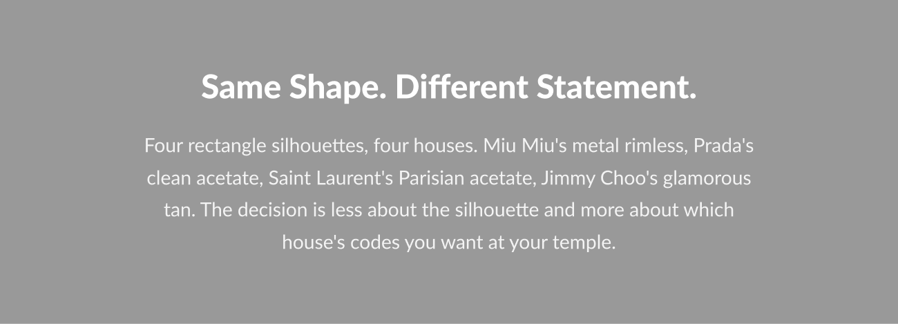 Editorial graphic explaining how four rectangle silhouettes express different luxury house identities and design codes.