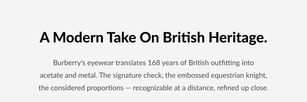 Brand introduction graphic with heading that reads, “A Modern Take On British Heritage,” highlighting Burberry’s signature design elements and craftsmanship.