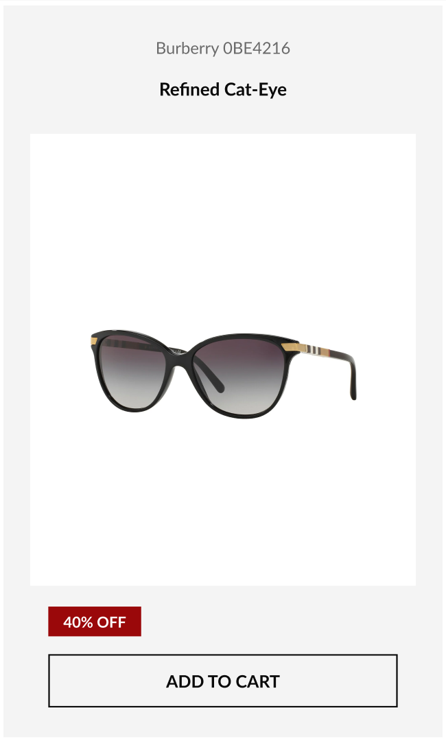 Product image of the Burberry 0BE4216 sunglasses with heading that reads, “Refined Cat-Eye,” and promotional badge showing 40% off.
