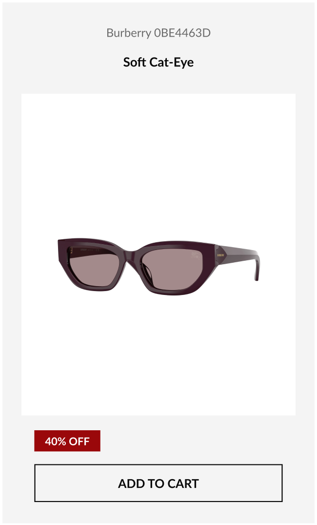 Product image of the Burberry 0BE4463D sunglasses with heading that reads, “Soft Cat-Eye,” and promotional badge showing 40% off.