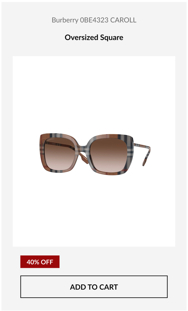 Product image of the Burberry 0BE4323 Caroll sunglasses with heading that reads, “Oversized Square,” and promotional badge showing 40% off.
