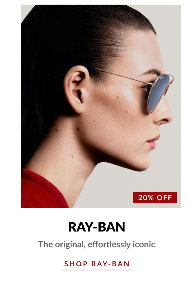 Product image of a model wearing Ray-Ban aviator sunglasses with a 20% Off badge and text describing the brand as effortlessly iconic.
