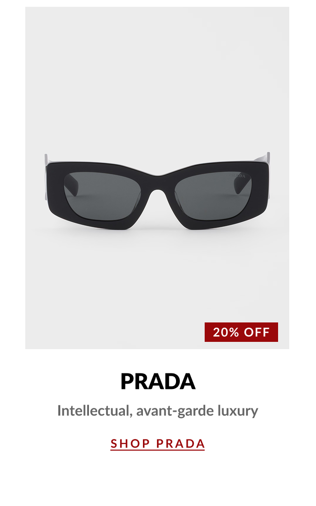 Product image of black Prada sunglasses with a 20% Off badge and text describing the brand as intellectual, avant-garde luxury.