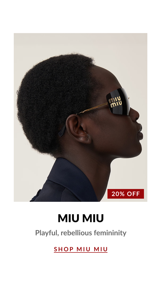 Product image of a model wearing Miu Miu shield sunglasses with a 20% Off badge and text highlighting playful, rebellious femininity.