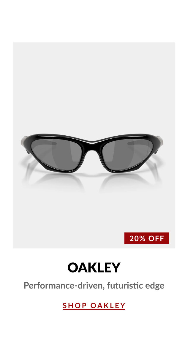 Product image of Oakley wrap-style sunglasses with a 20% Off badge and text highlighting performance-driven design and futuristic style.