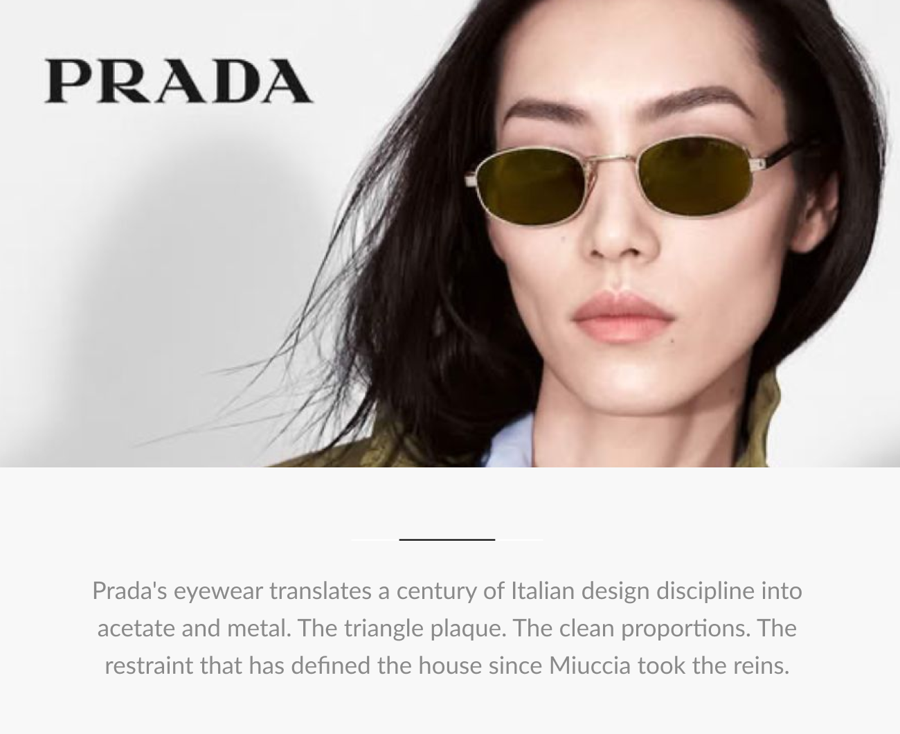 Model wearing Prada sunglasses beside the Prada logo with text about the brand's history.