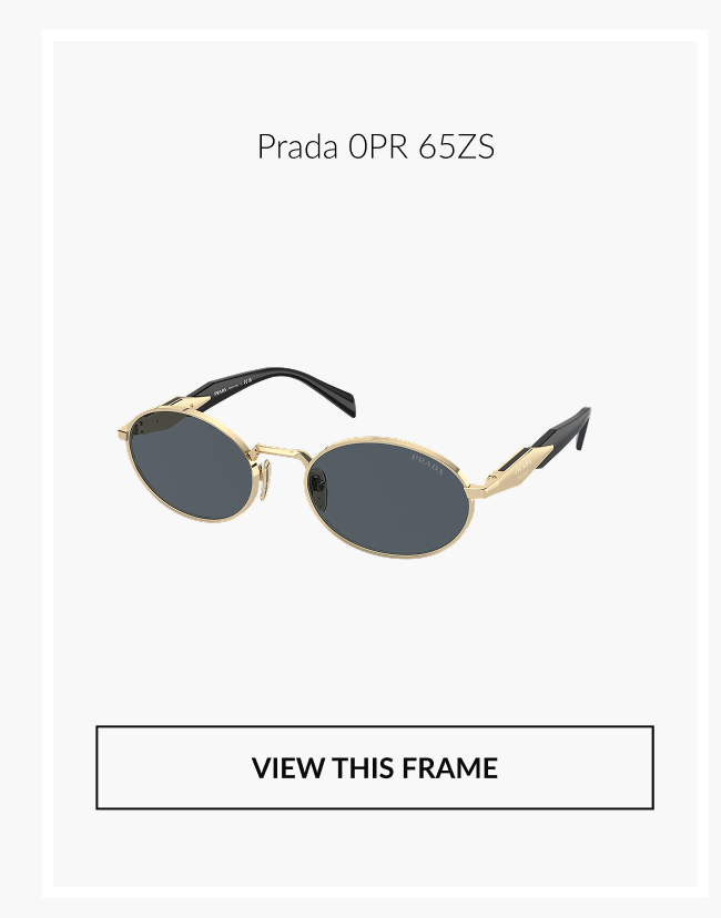 Prada 0PR 65ZS sunglasses with gold metal frame and dark oval lenses.