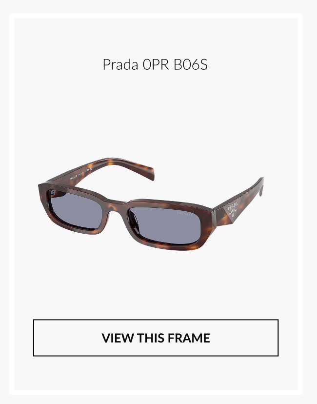 Prada 0PR B06S sunglasses with tortoise frame and rectangular dark lenses.