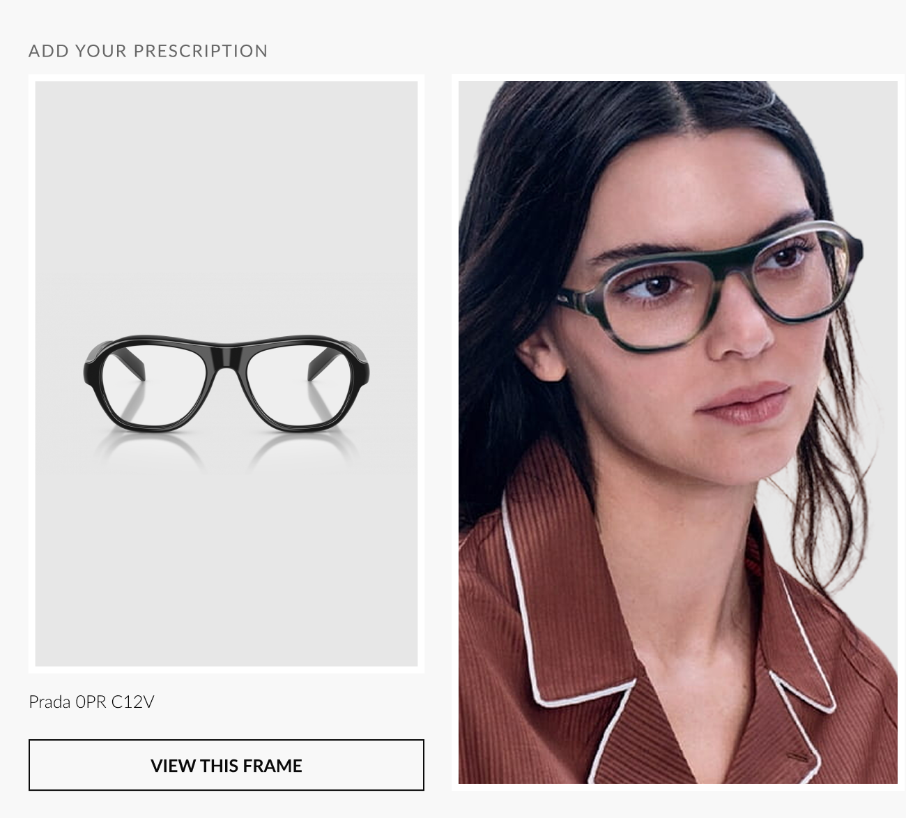 Prada 0PR C12V eyeglasses shown on their own and worn by a model.