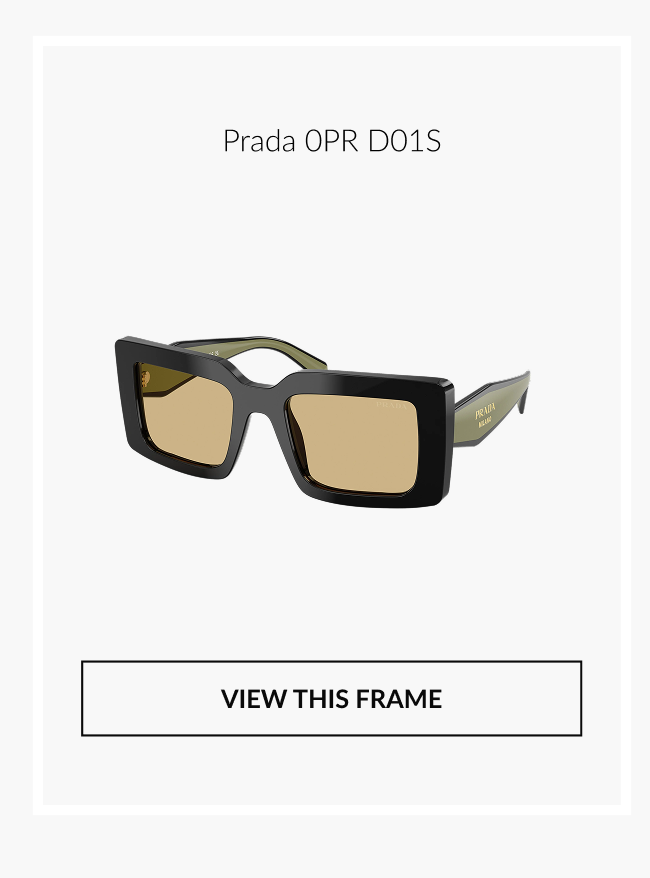 Prada 0PR D01S oversized square sunglasses with black frame and warm brown lenses.