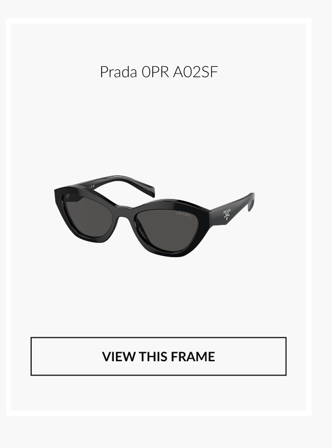 Prada 0PR A02SF cat-eye sunglasses with black acetate frame and dark lenses.