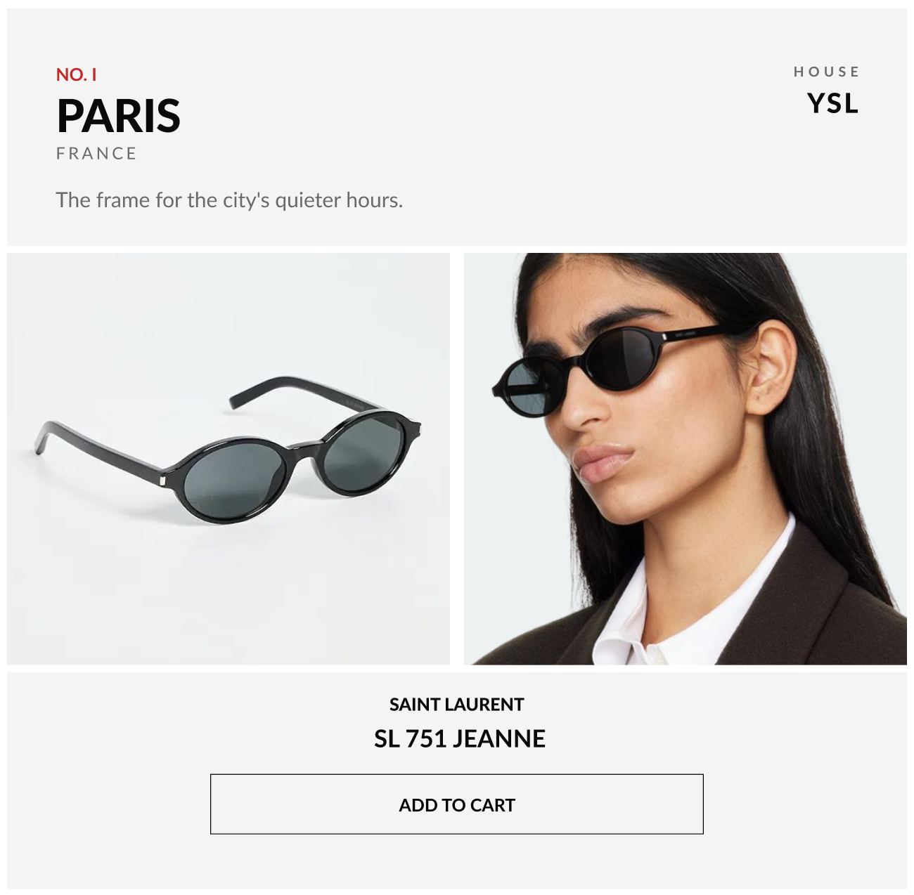 Saint Laurent SL 751 Jeanne sunglasses shown alongside a model wearing the frame, inspired by the quieter side of Paris, with "Add to Cart" button.