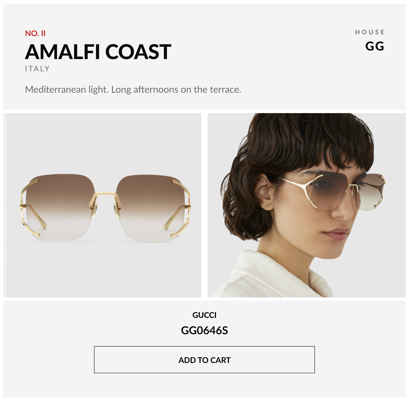Gucci GG0646S sunglasses shown alongside a model wearing the frame, inspired by Mediterranean light and coastal afternoons, with "Add to Cart" button.