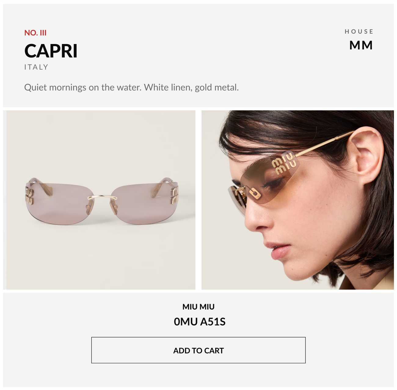 Miu Miu 0MU A51S sunglasses shown alongside a model wearing the frame, inspired by quiet mornings on the water in Capri with "Add to Cart" button. 