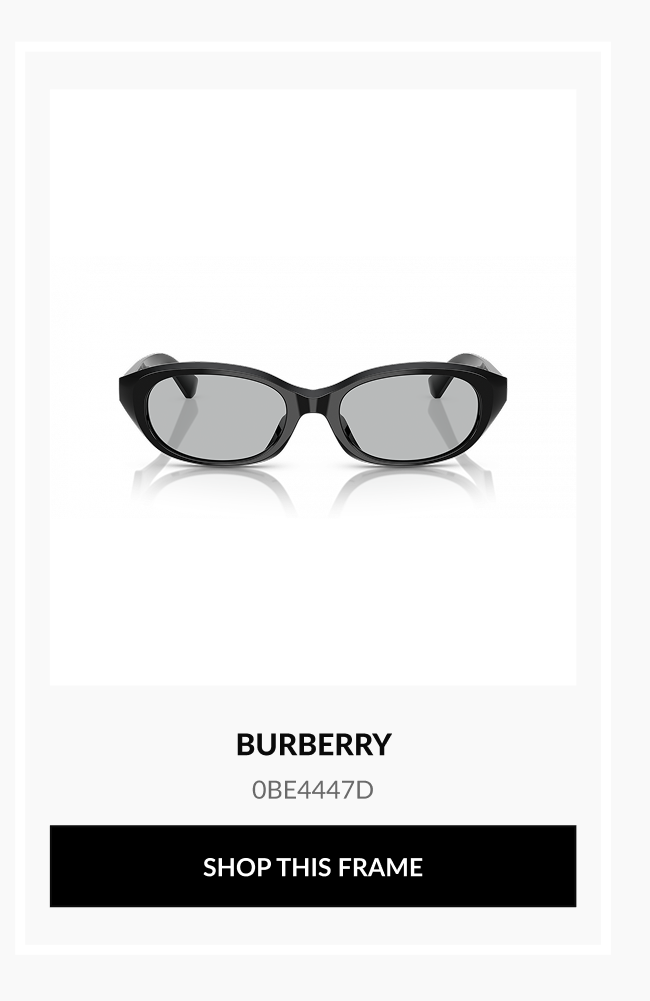 Product image of Burberry 0BE4447D oval sunglasses with a black frame and gray lenses.