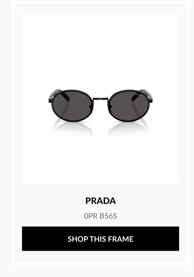 Product image of Prada 0PR B56S oval sunglasses with a black frame and dark lenses.