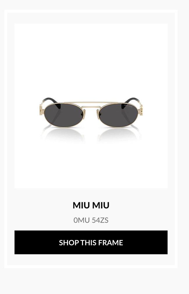 Product image of Miu Miu 0MU 54ZS oval sunglasses with a gold metal frame and dark lenses.