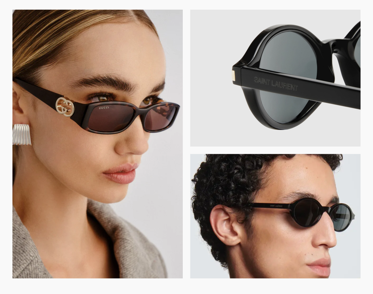 Lifestyle collage featuring Gucci and Saint Laurent designer sunglasses on models and close-up product details.