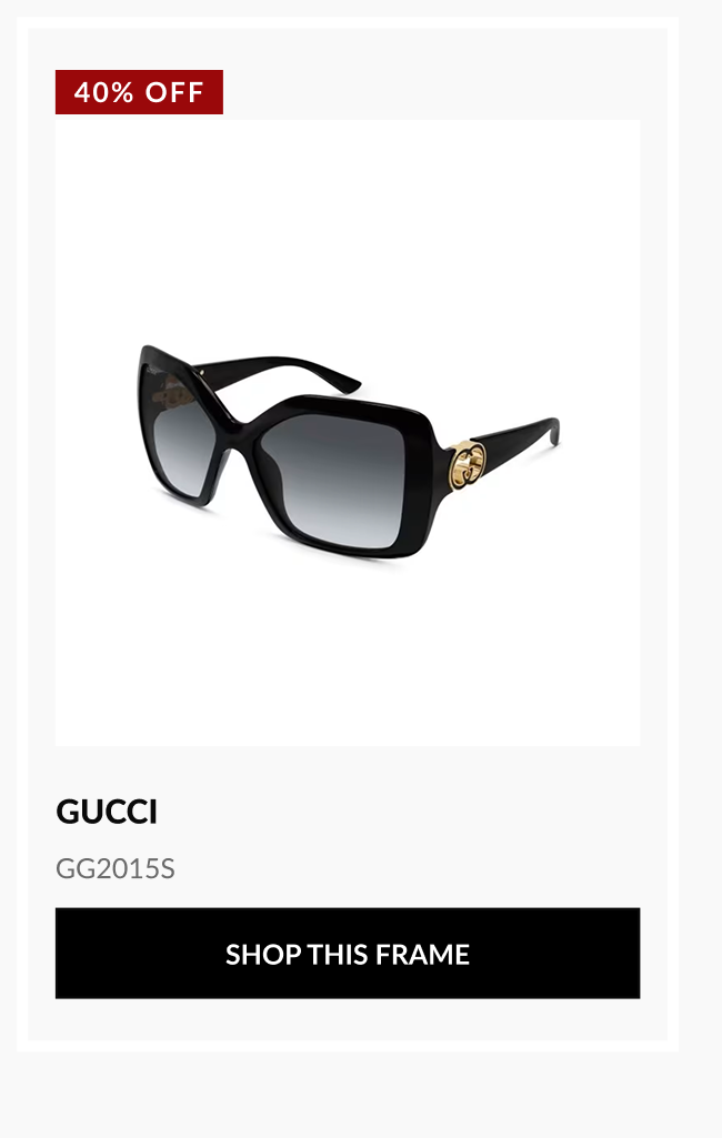 Product image of Gucci GG2015S sunglasses with 40% OFF badge and Shop This Frame button.