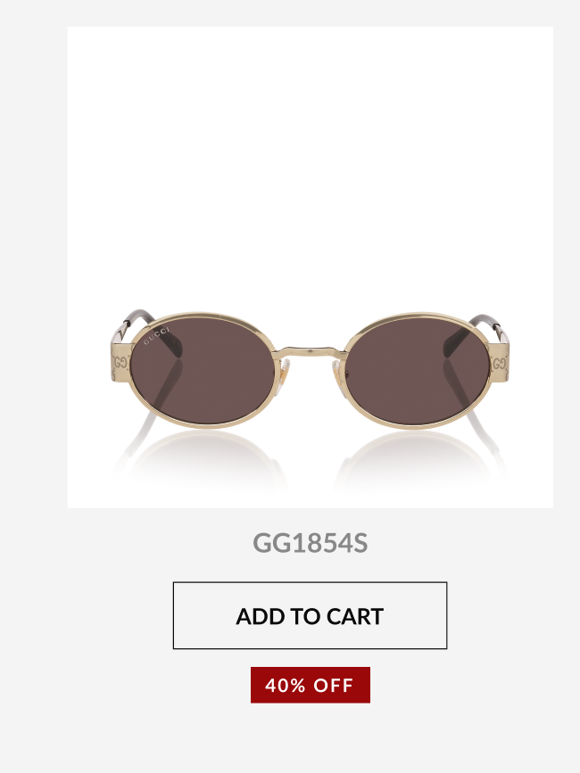 Product image of Gucci GG1854S sunglasses with a 40% OFF badge and Add to Cart button.