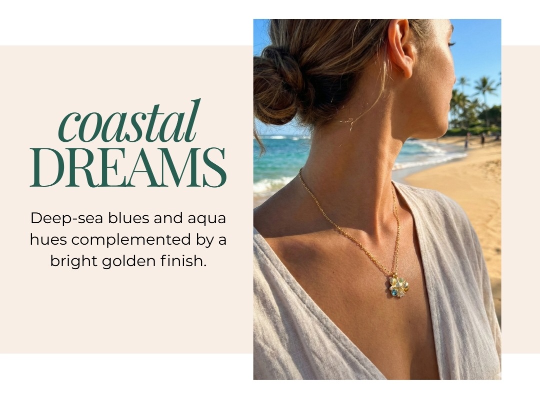 Coastal Dreams: Deep-sea blues and aqua hues complemented by a bright golden finish.