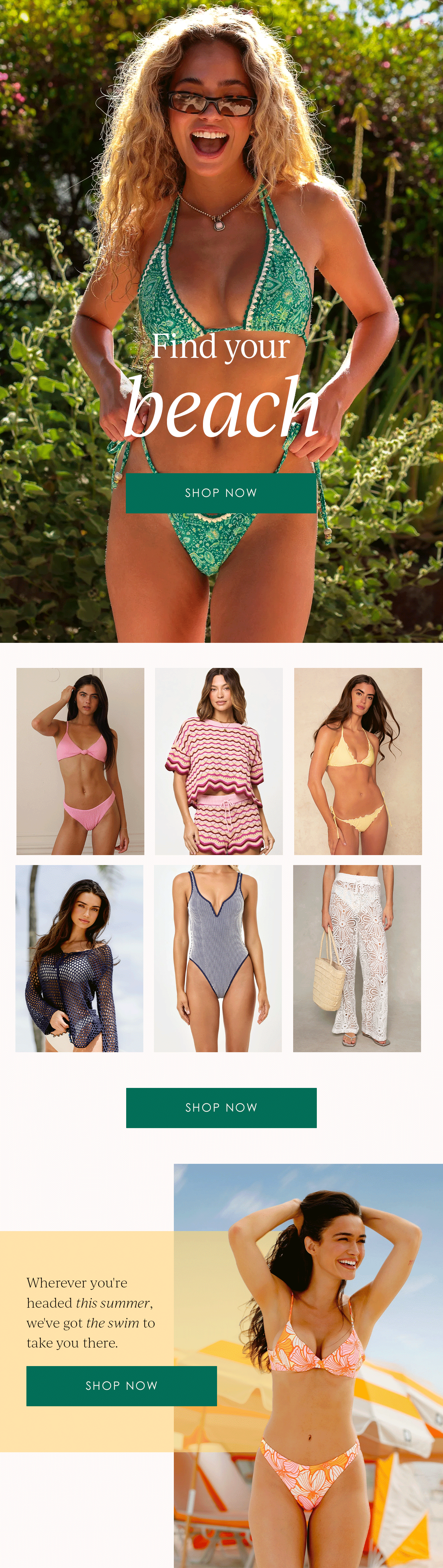 Summer swimwear campaign featuring models in bikinis, a one-piece, crochet cover-up and beach pants, with “Find your beach” and Shop Now buttons.