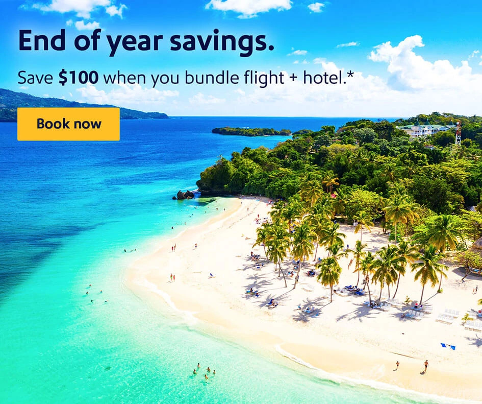 End of year savings. Save $100 when you bundle flight + hotel.* Book now.
