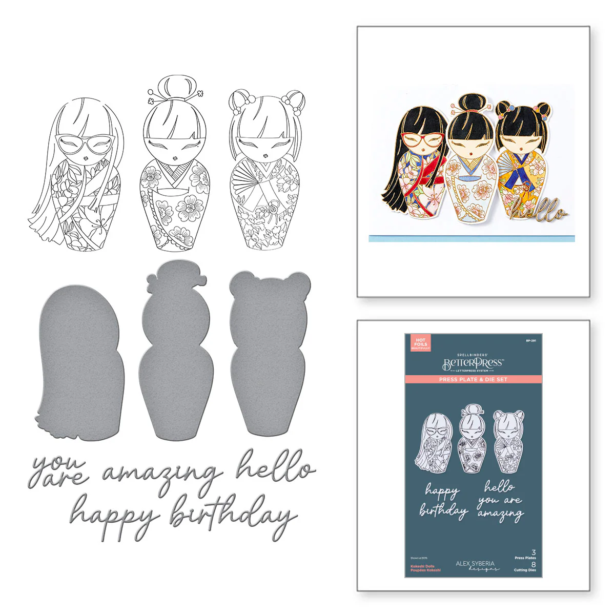 Image of Kokeshi Dolls BetterPress Plate & Die Set from the Spring in Kyoto Collection by Alex Syberia Designs
