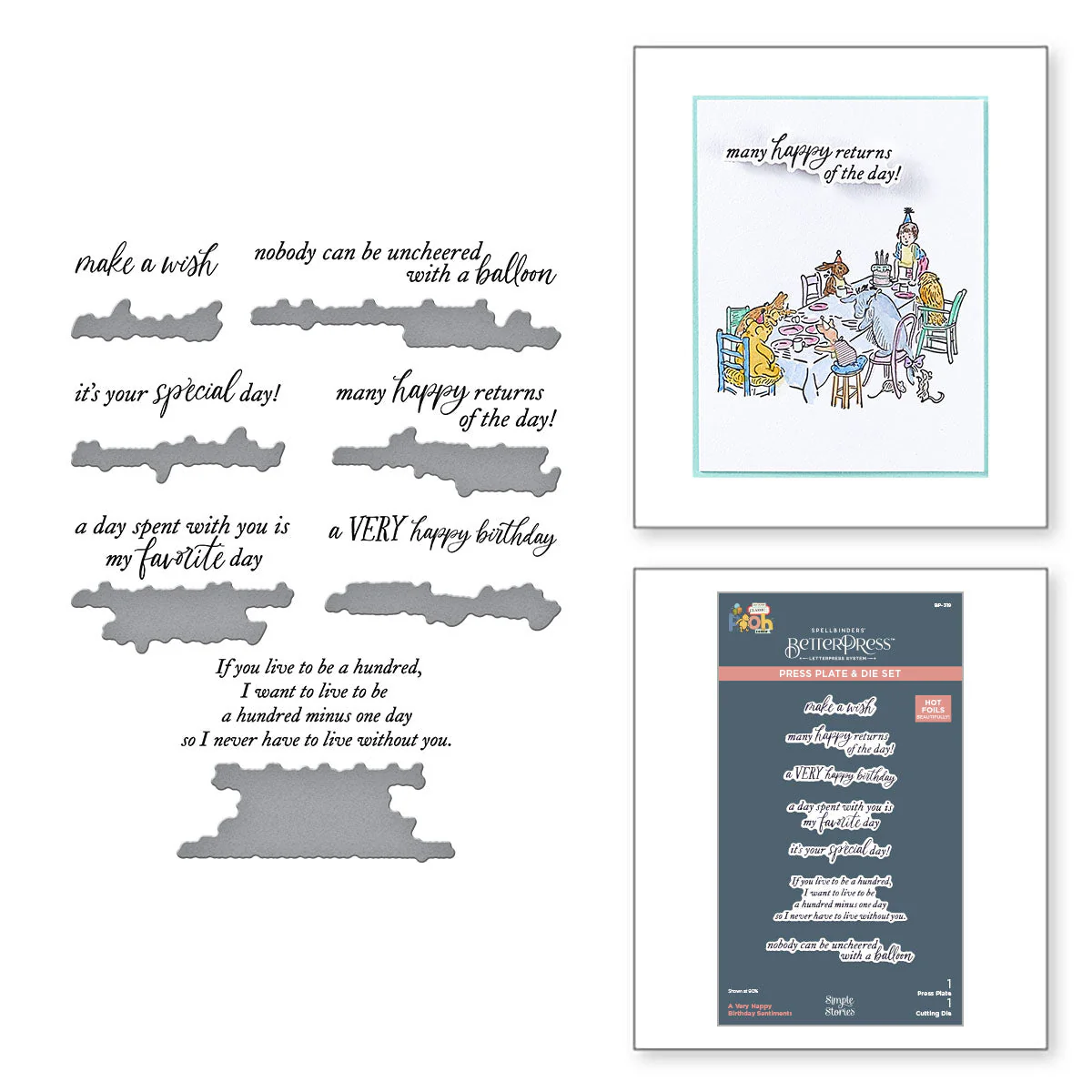 Image of A Very Happy Birthday Sentiments Press Plate & Die Set from the Say Cheese Classic Pooh Birthday Collection