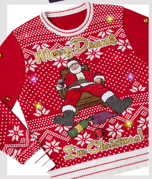 Light-Up Merry Drunk Santa Beverage Dispenser Christmas Sweater