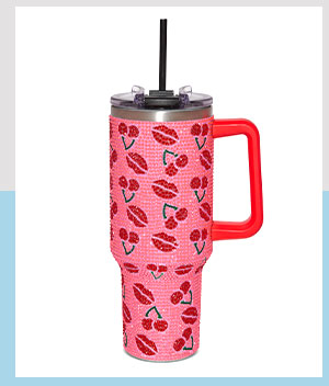 Cherry Lips Rhinestone Travel Tumbler with Straw - 40 oz.