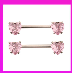 Pink CZ Heart ASTM F-136 Titanium Nipple Barbells - 14 Gauge