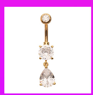 ASTM F-136 Goldtone CZ Teardrop Dangle Belly Ring - 14 Gauge