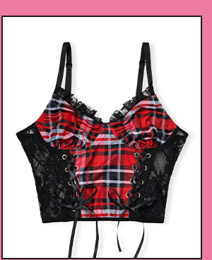 Red Plaid Lace-Up Corset Top