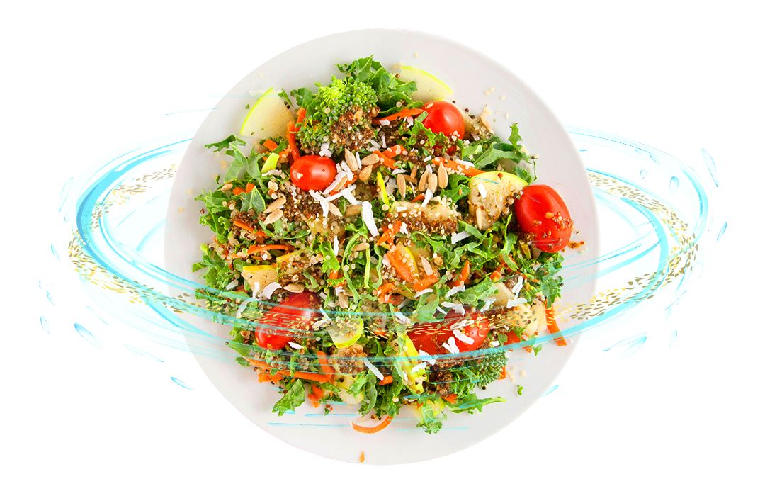 Coconut Kale Salad with Water and Vegetables Seeds Surrounding