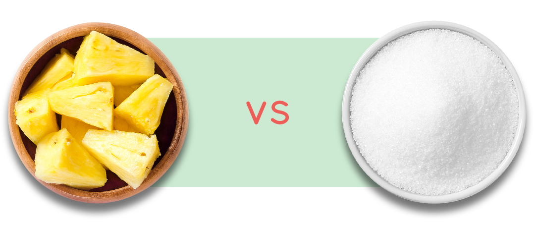 CHOPPED PINEAPPLE IN WOODEN BOWL VERSUS WHITE REFINED SUGAR IN CERAMIC BOWL