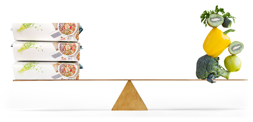 Sprinly meal boxes balancing on seesaw over a stack of vegetables and fruits